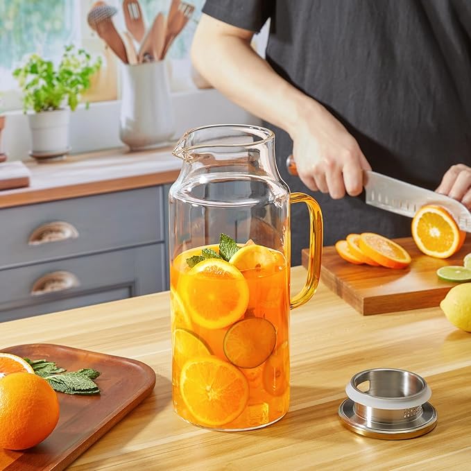 2 Pack 2 Liter 68 oz Glass Pitcher with Lid and Spout, Gold Glass Water Pitcher for Fridge, Glass Carafe for Hot/Cold Water, Large Jug for Iced Tea, Coffee, Juice and Homemade Beverage