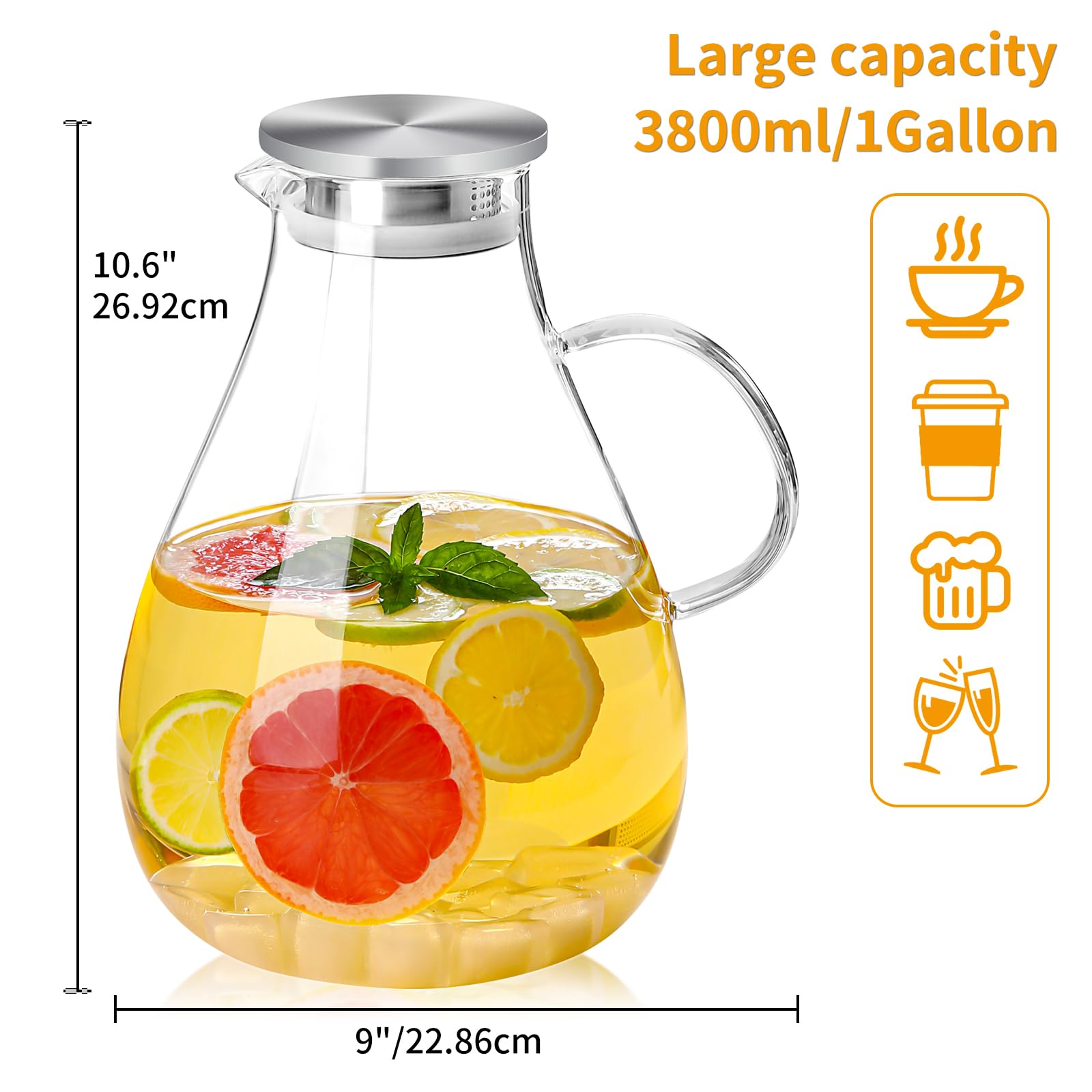 UNBREAKABLE - 1 Gallon Glass Pitcher – 3800ml Heat-Resistant Borosilicate Water Jug with Stainless Steel Lid, Easy to Clean, Handmade Carafe for Hot & Cold Drinks – Modern Style for Home or Office
