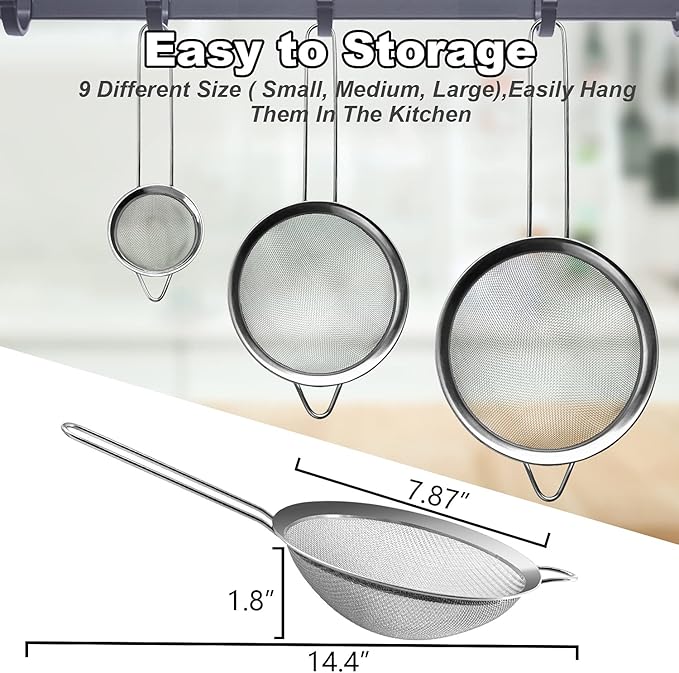 Anaeat Fine Mesh Strainers - Premium Stainless Steel Colander Sieve Sifters, with Durable Mesh and Sturdy Handle, Excellent for Sifting Dry ingredients, Flour, Pastas, Rice, Tea (7.87"）