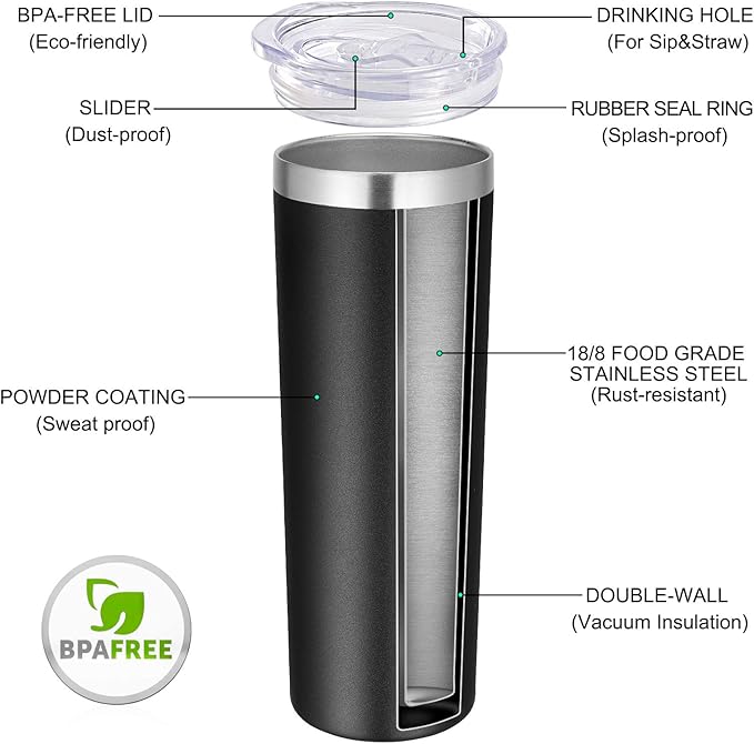 VEGOND Stainless Steel Skinny Tumblers Bulk 12 Pack, 20 oz Vacuum Insulated Tumblers with Lids and Straws, Double Wall Coffee Mug, Travel Water Cup, Matte Black