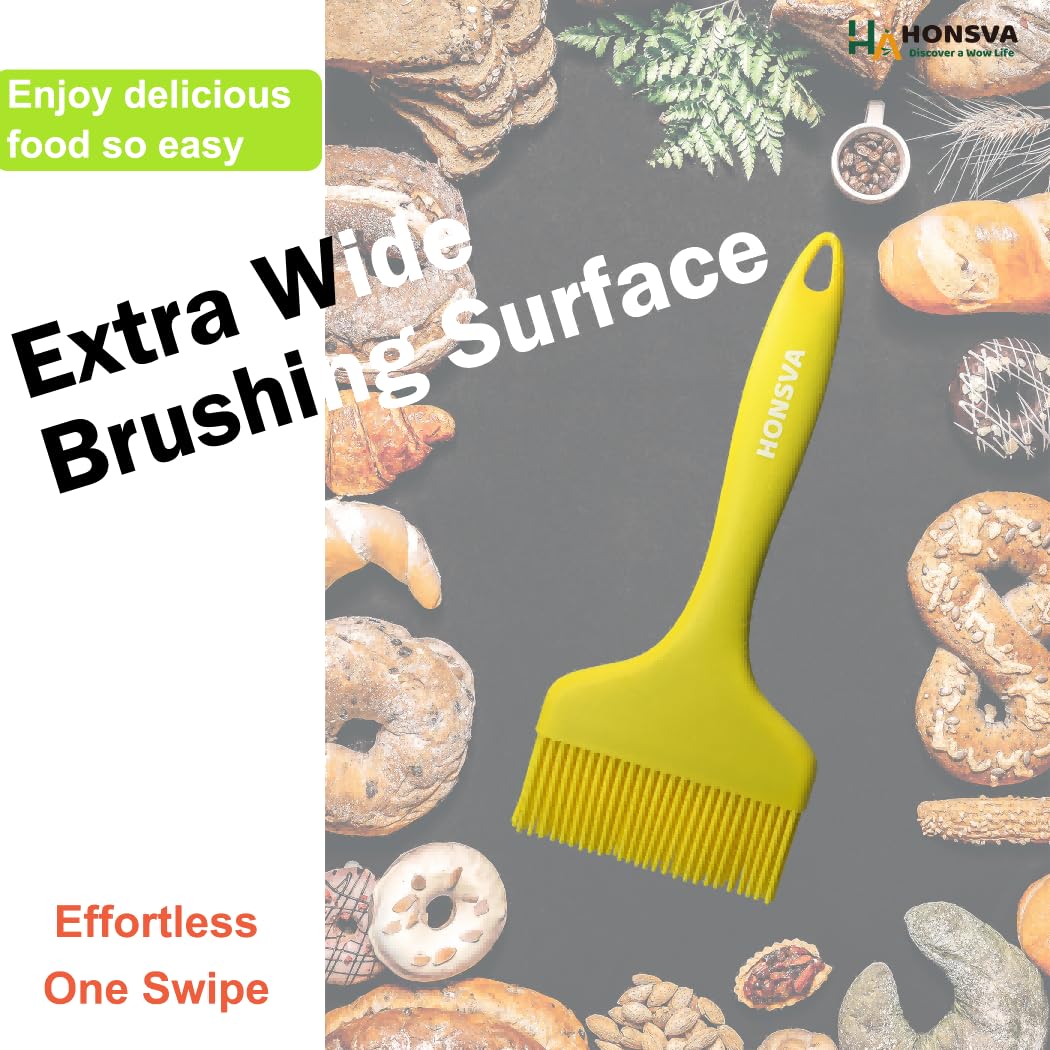 HONSVA Widened Silicone Pastry Basting Brush 2 Pcs, One-Piece Design, W/3.5", Heat Resistant Kitchen Brush for Baking, Grilling, Saucing Oil, BBQ Sauce, Marinade etc, Dishwasher Safe,Yellow&Green
