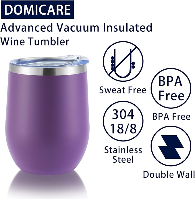 DOMICARE Stainless Steel Wine Tumbler Bulk with Lid, Personalized Insulated Tumblers Set, 12oz Travel Coffee Cups Pack of 4, Purple