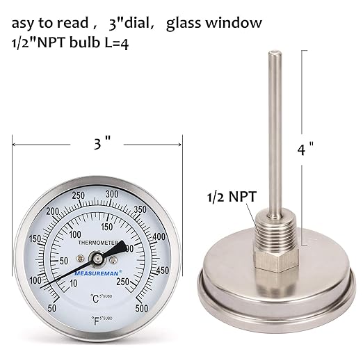 MEASUREMAN Fully Stainless Steel Bimetal Dial Thermometer, 3" Dial, 4" Stem, 50-550 deg F/10-260 deg C, -1% Accuracy, Adjustable, 1/2" NPT Back Mount