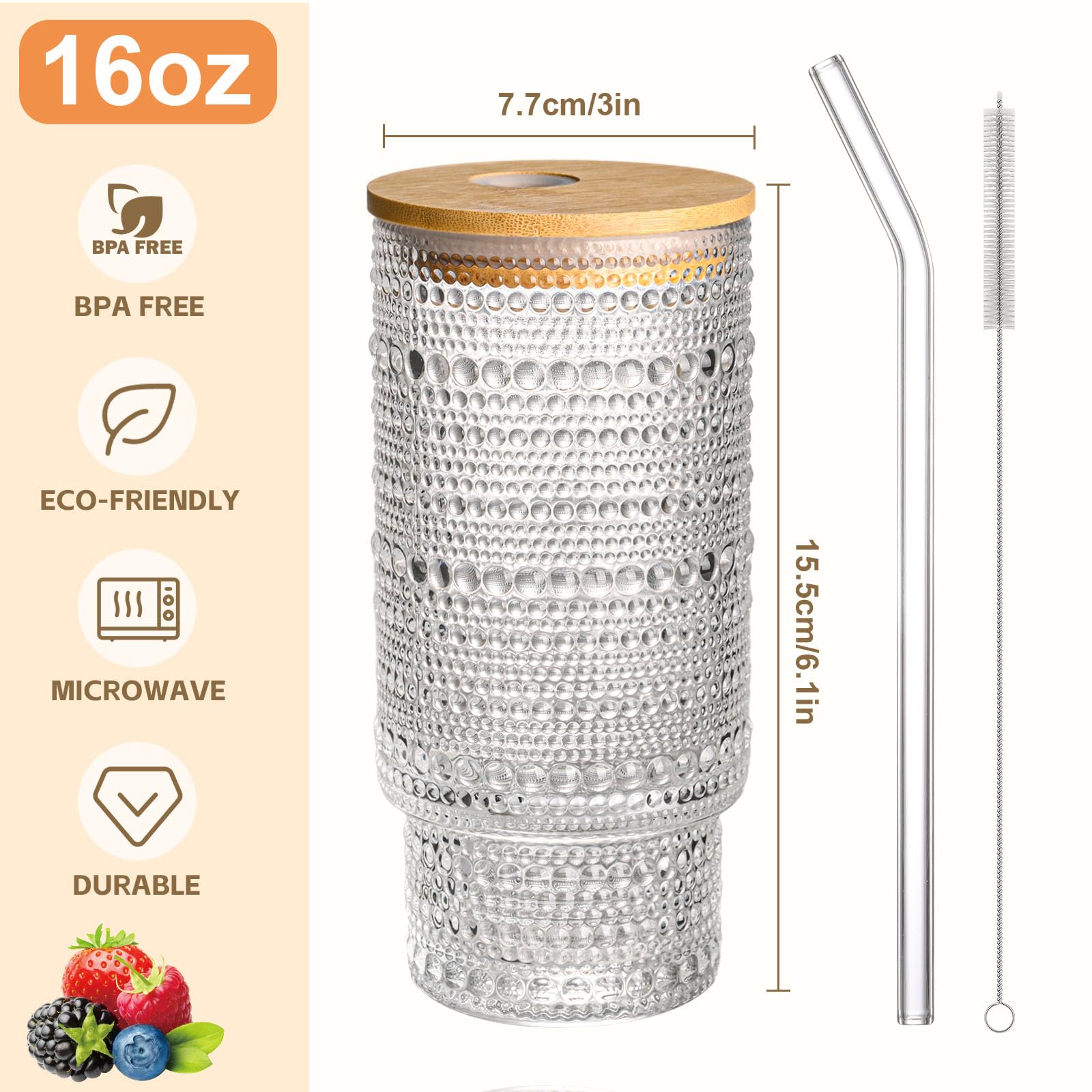 AFINSEA 16OZ Glass Tumbler with Straw and Lid,Glass Cups with Lids and Straws,Ribbed Iced Coffee Cups Vintage Embossed Glassware for Juice Whiskey Cocktail Beer(2Pack)