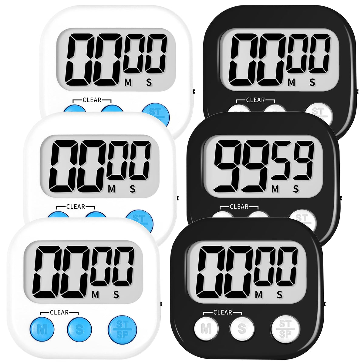 ZILLEEN Digital Kitchen Timers for Cooking Kids Black White 6 Pack