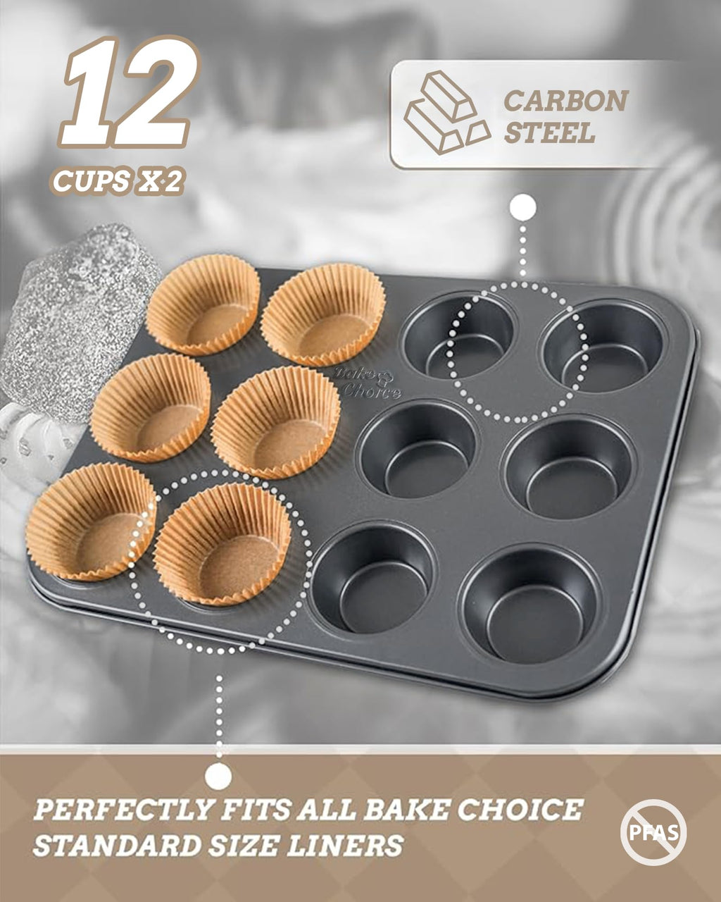 Bake Choice 2 Muffin Pan for Baking, Standard Cupcake Pan with 100 Liners