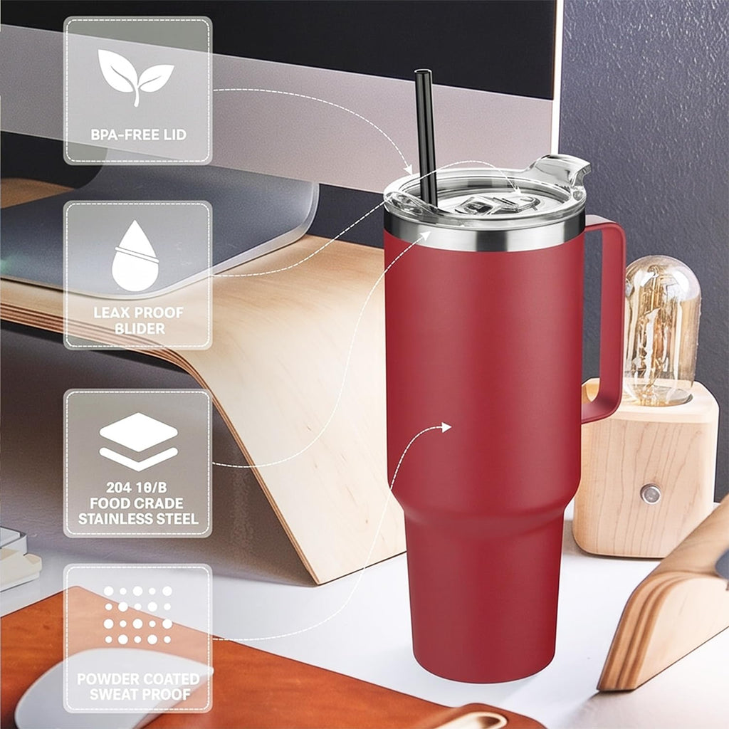 HASLE OUTFITTERS 40 oz Stainless Steel Tumbler with Handle, Vacuum Insulated Tumblers Bulk, Reusable Double Wall Travel Coffee Mug, Durable Powder Coated Water Bottles(Wine Red, 8)