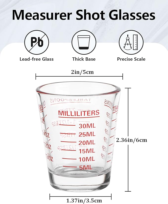 Shot Glasses Measuring Cup Set 2PACK Espresso Shot Glasses Liquid Heavy Glass 26-Incremental Measurement 1 OZ, 2 TBS, 6 TSP, 30 ML Kitchen Tools (RED&Black)