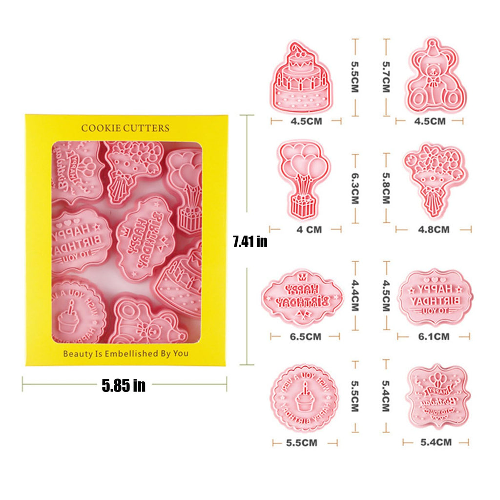 8PCS Happy Birthday Cookie Cutter Sets 3D Plastic Cookie Cutters with Plunger Stamps Pressable Biscuit Mold Cookie Molds Cake Baking Fondant Cutter Birthday Party DIY Cookie Decorating Supplies(C)
