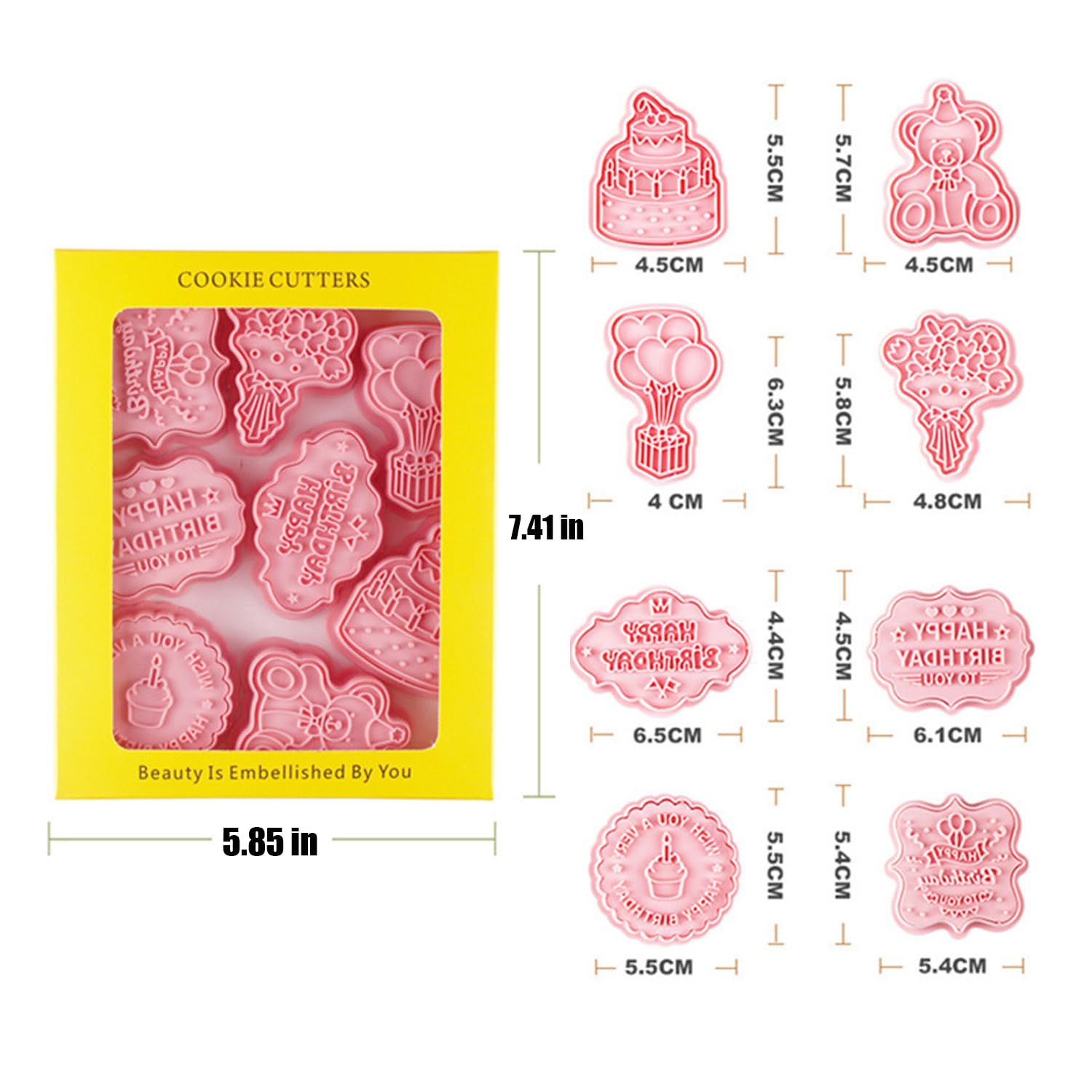 8PCS Happy Birthday Cookie Cutter Sets 3D Plastic Cookie Cutters with Plunger Stamps Pressable Biscuit Mold Cookie Molds Cake Baking Fondant Cutter Birthday Party DIY Cookie Decorating Supplies(C)