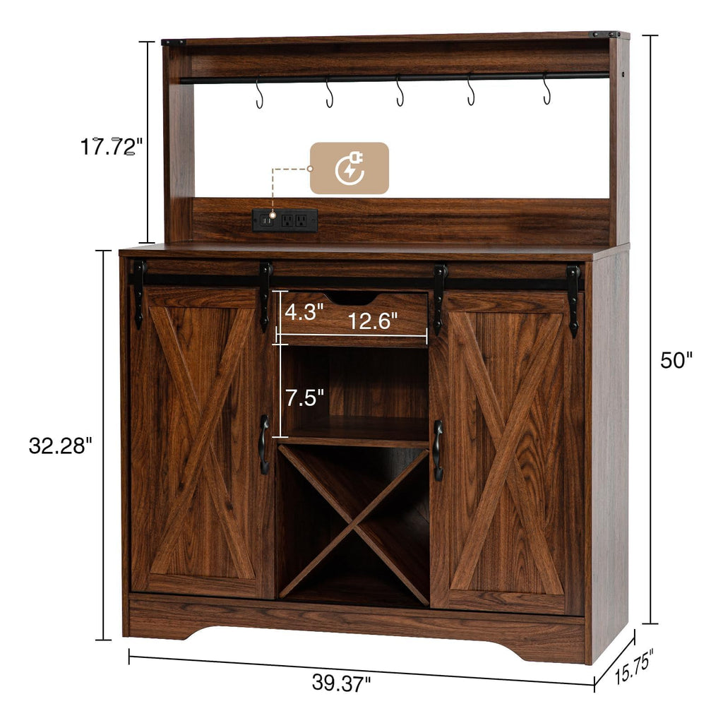 Wnutrees Farmhouse Coffee Bar Cabinet with Charging Station and USB, Brown