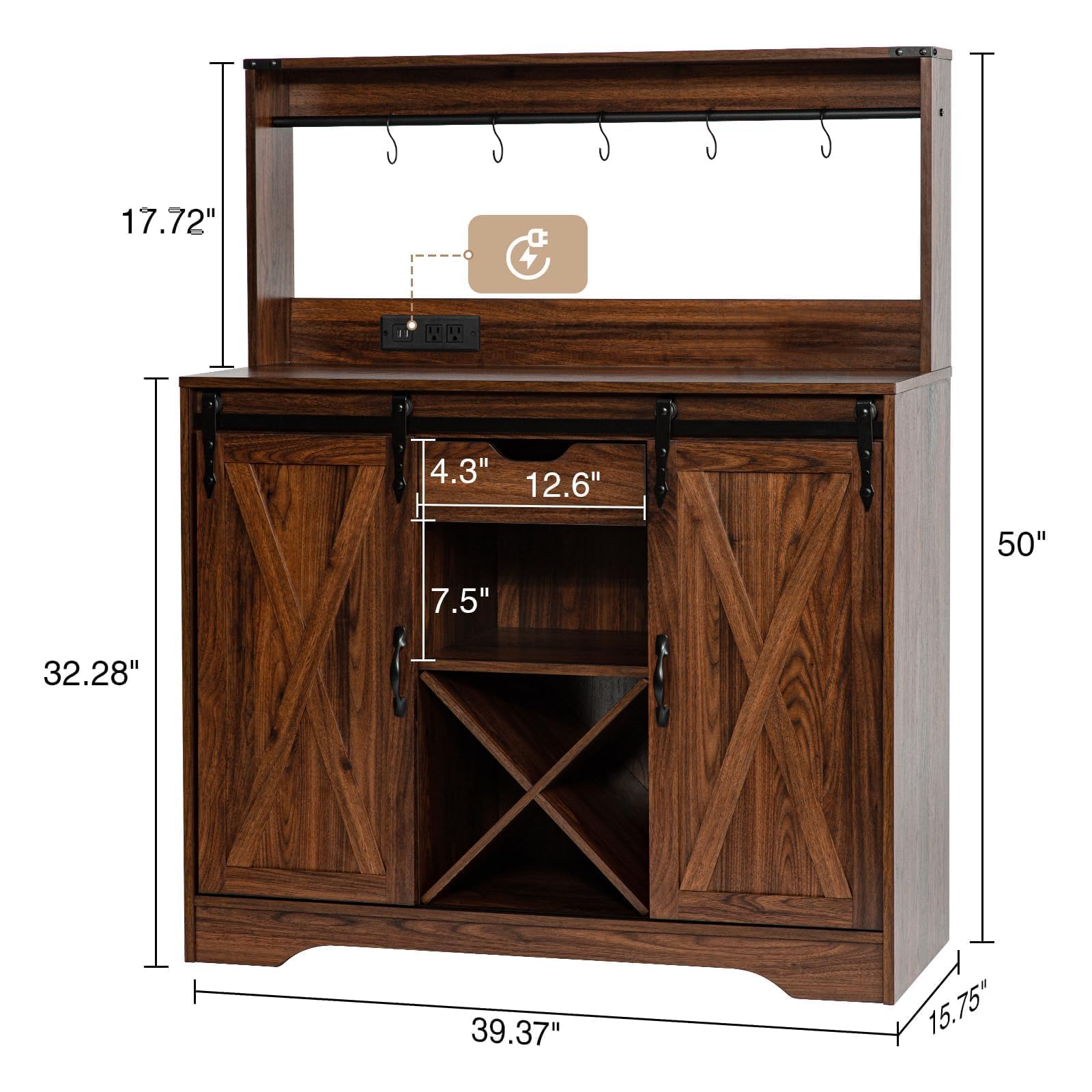 Wnutrees Farmhouse Coffee Bar Cabinet with Charging Station and USB, Brown