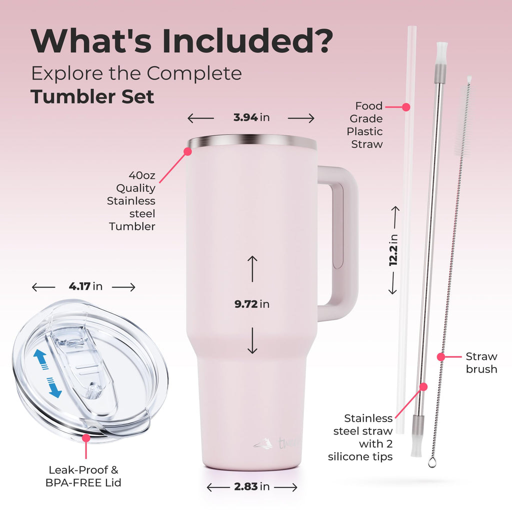 tweevo 40 oz Tumbler With Handle and Straw Made of Stainless Steel - Double Wall Vacuum Insulated Tumbler With Lid - Sweat Proof Easy Grip, BPA-Free, Dishwasher Safe Tumbler (Rose Quartz)