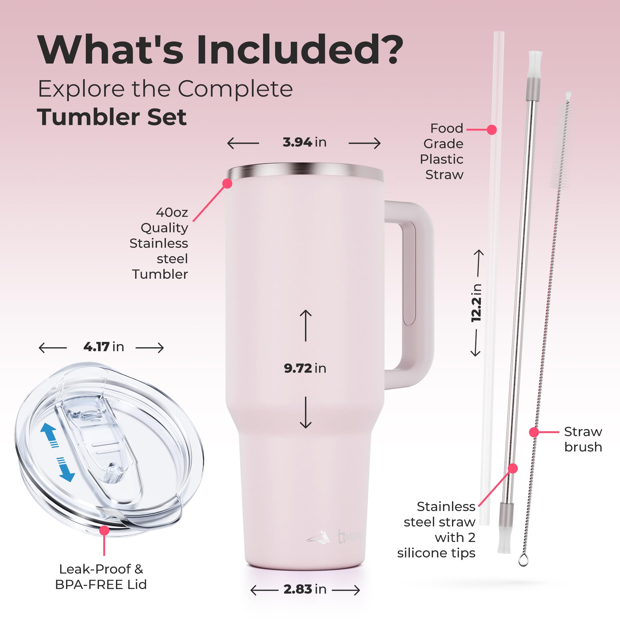 tweevo 40 oz Tumbler With Handle and Straw Made of Stainless Steel - Double Wall Vacuum Insulated Tumbler With Lid - Sweat Proof Easy Grip, BPA-Free, Dishwasher Safe Tumbler (Rose Quartz)