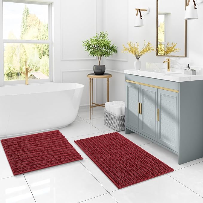 Arotive Luxury Chenille Bathroom Rug Mat, Extra Soft Thick Absorbent Shaggy Bath Rugs, Non-Slip Machine Wash Dry, Plush Bath Mats for Bathroom, Shower and Tub, 44x24, Red