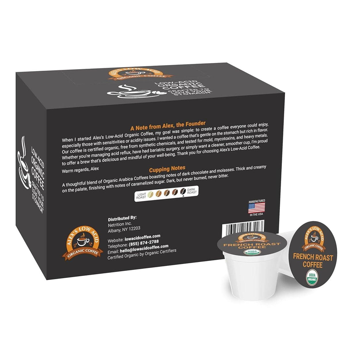 Alex’s Low Acid French Roast Organic Coffee Pods, Pack of 12 K-Cups