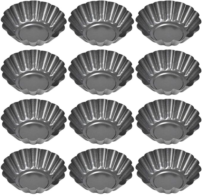 12PCS Mini Tart Pans, Carbon Steel Egg Tart Molds, Non Stick Mini Tarts Tins, Cupcake Cake Muffin Mold Tin Pan for Pies, Cheese Cakes, Desserts, Egg Tart(2.6 x 0.9inch)
