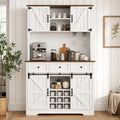 Farmhouse Coffee Bar Cabinet with Wine Rack, 72" Tall Kitchen Storage Cabinet with 3 Drawers, 9-Bottle Wine Holder, 6 Hooks, Sliding Barn Doors and Adjustable Shelves, for Dining Room, White