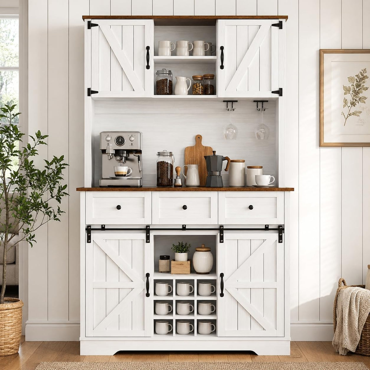 Farmhouse Coffee Bar Cabinet with Wine Rack, 72" Tall Kitchen Storage Cabinet with 3 Drawers, 9-Bottle Wine Holder, 6 Hooks, Sliding Barn Doors and Adjustable Shelves, for Dining Room, White