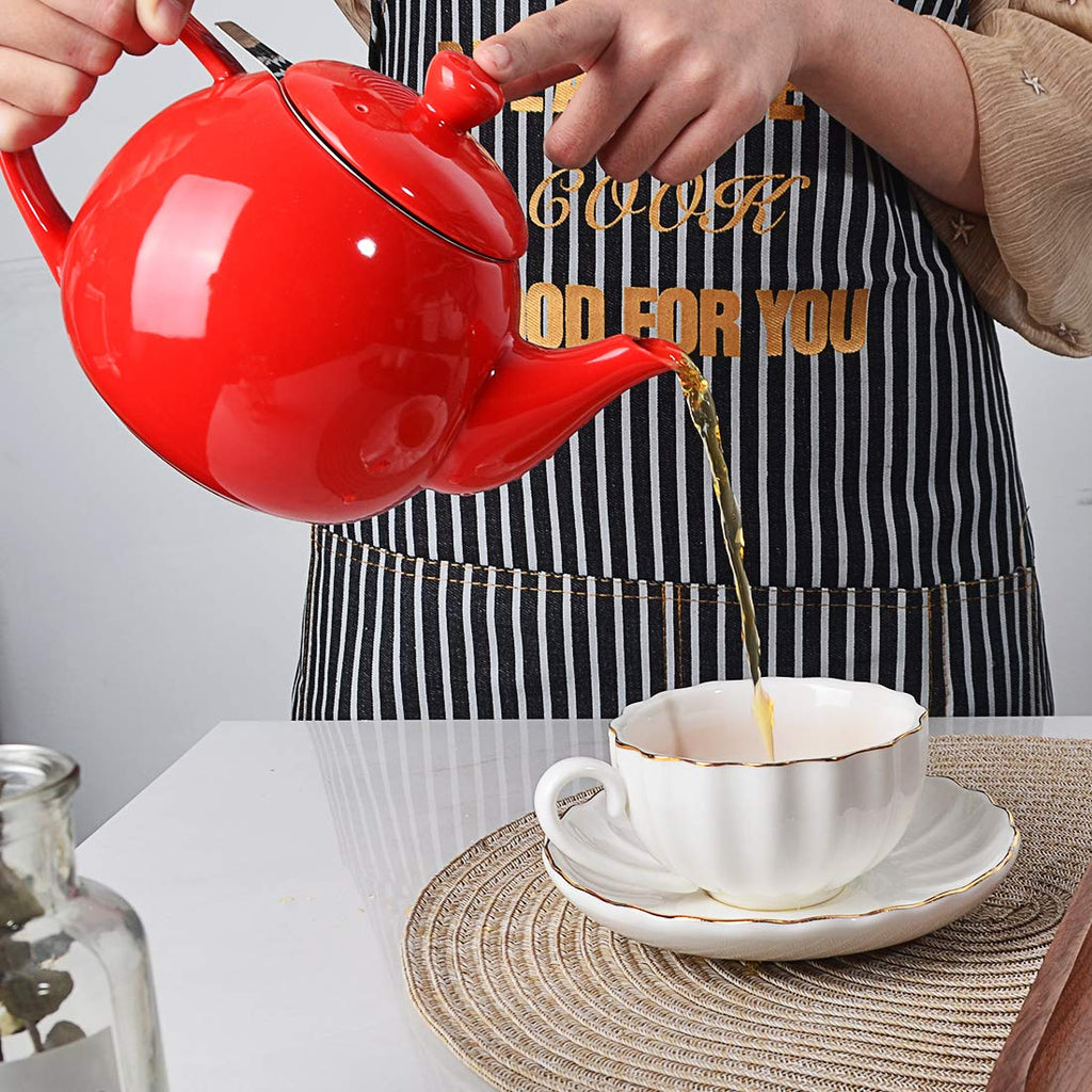 Sweejar Ceramic Tea Pots,30OZ Porcelain Teapot with Infuser(Red)