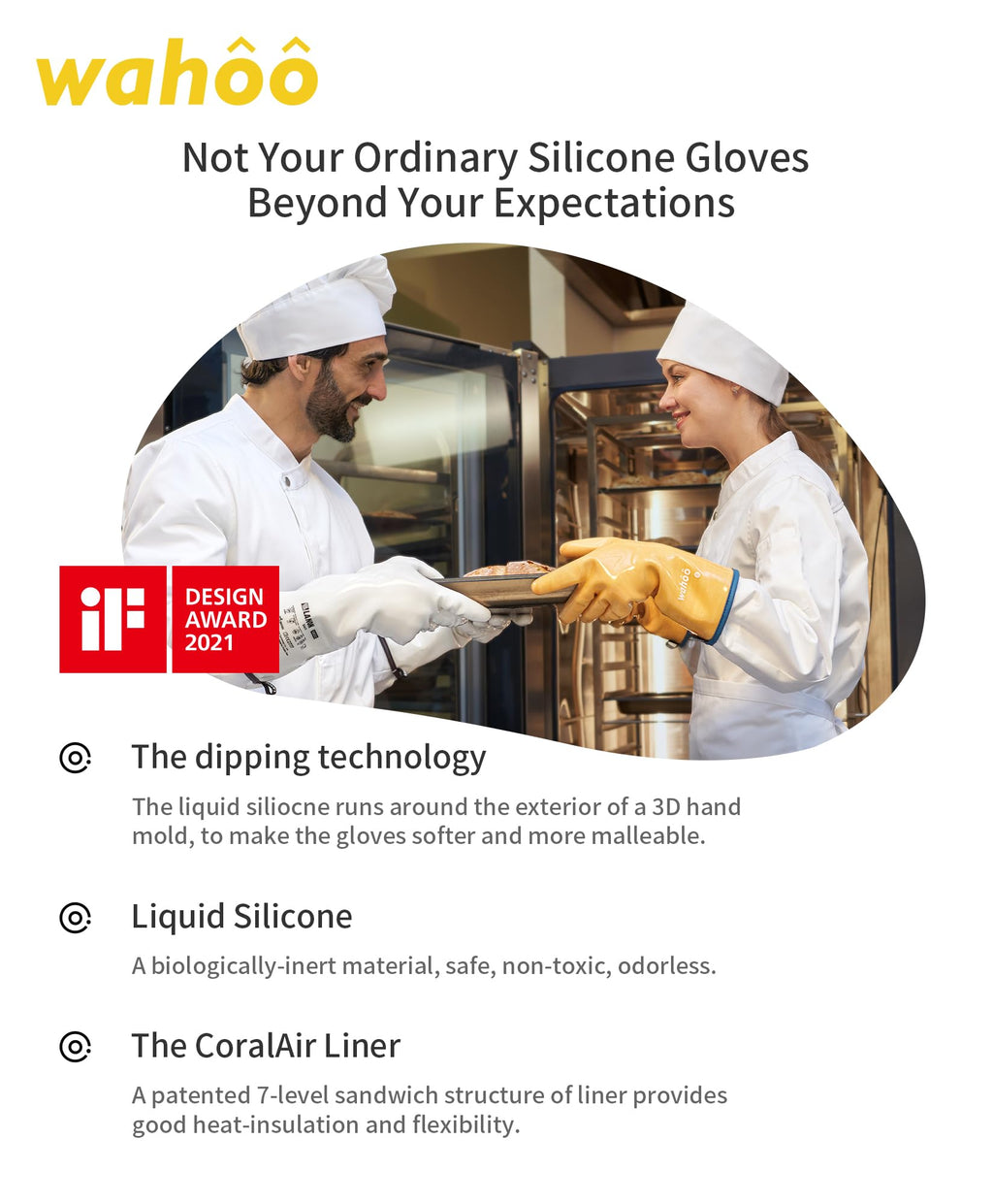 wahoo Professional Liquid Silicone Oven Mitts Gloves, Heat Resistant Gloves for Cooking, Baking, CoralAir Liner, 12 Inch, Yellow, Medium
