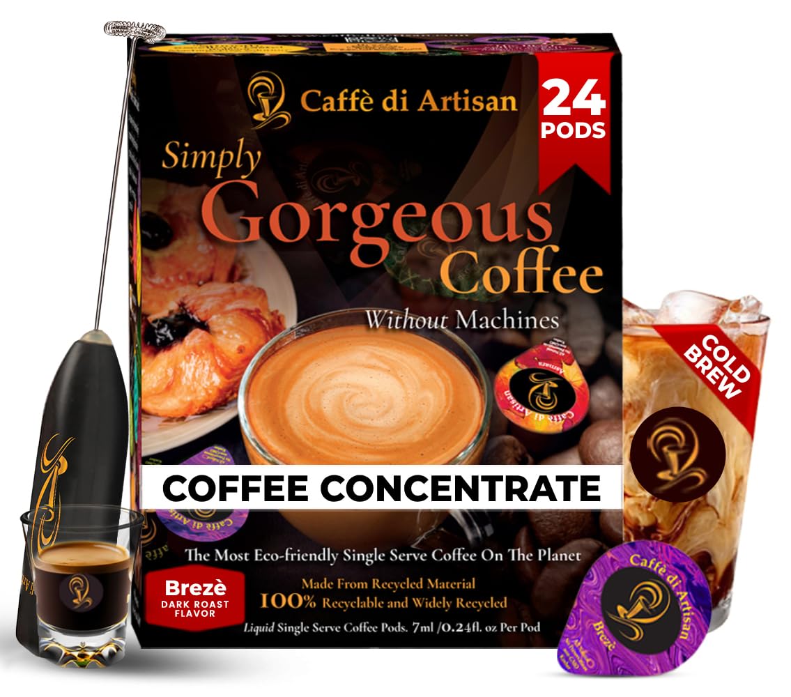 Caffè di Artisan Liquid Coffee Pods – Premium Single-Serve Coffee for Cold Brew concentrate, Iced Coffee & Hot Coffees – Machine-Free, Eco-Friendly, Ready in Seconds. Rich; Sampler; Arabica; Medium to Medium Dark Roast – 24 Count