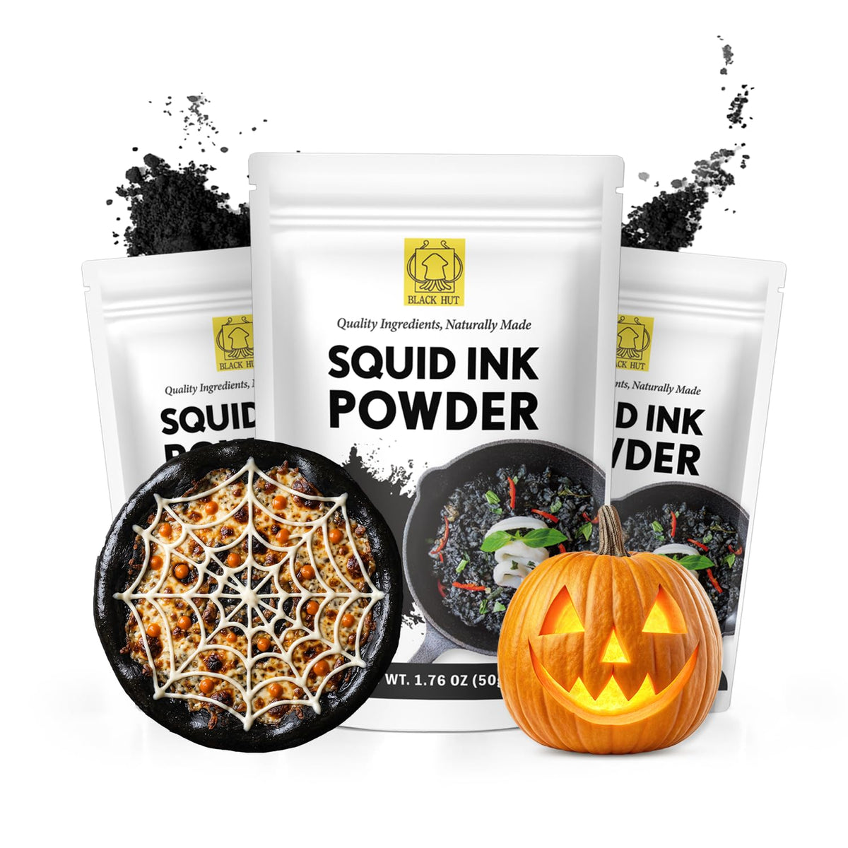 Black Hut Squid Ink Powder for Cooking, Black Food Coloring, 1.76oz, 3 Pack