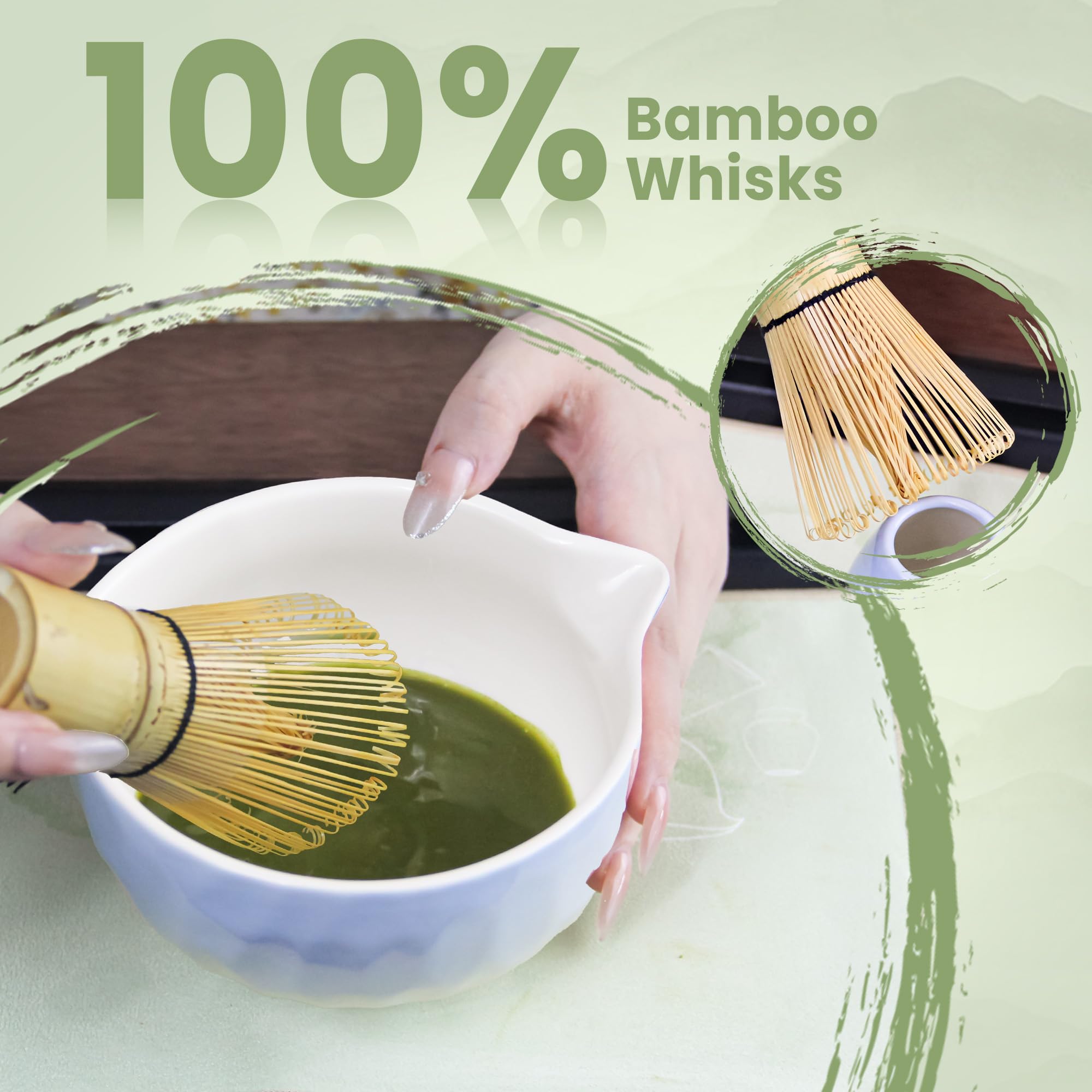 Matcha Whisk Set – Ceramic Matcha Bowl with Pour Spout, Bamboo Whisk, Whisk Holder, Scoop, Sifter – Japanese Matcha Kit for Beginners (Gradient Blue)