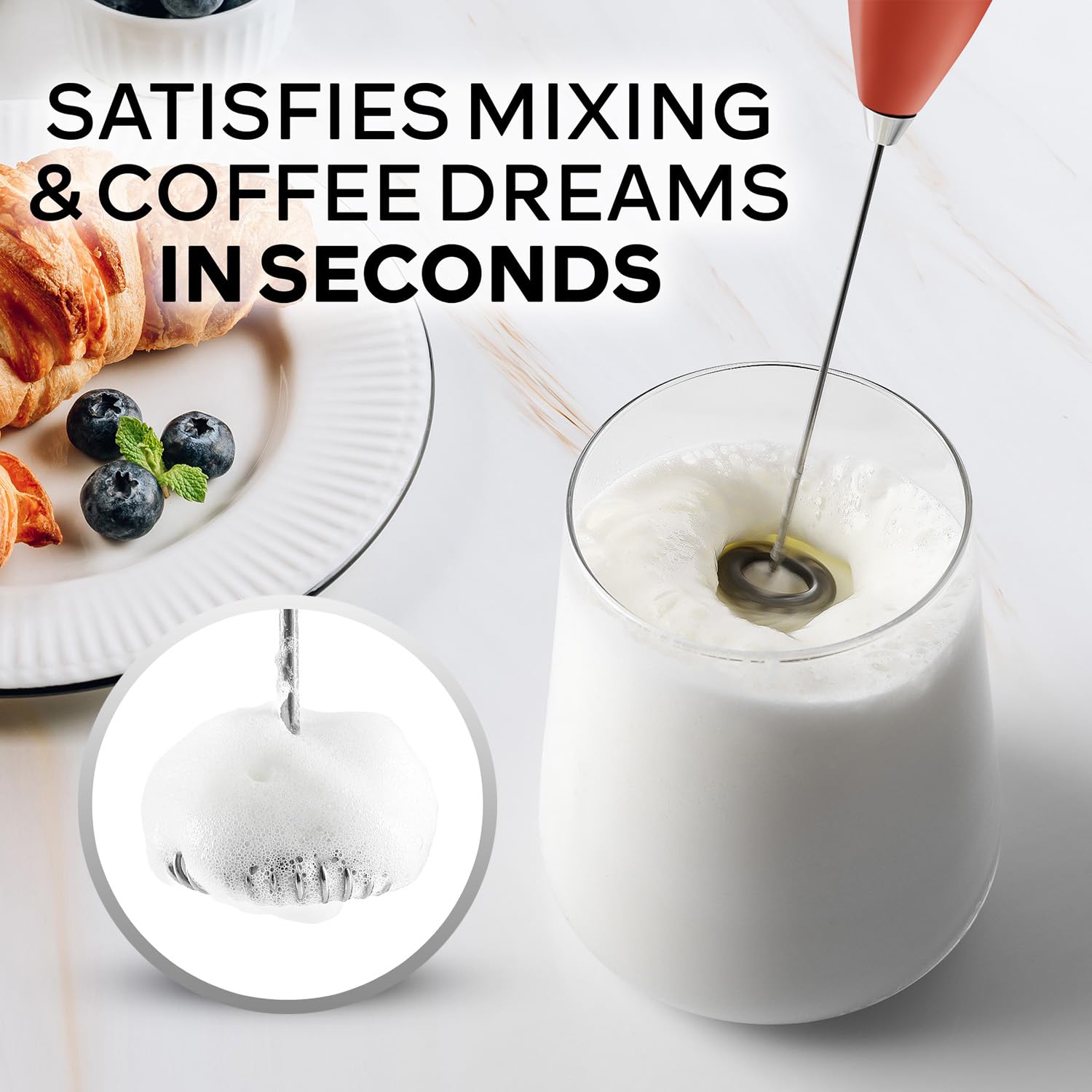 Zulay Kitchen Powerful Milk Frother Wand With Duracell Batteries - Ultra Fast Handheld Drink Mixer - Electric Whisk Foam Maker for Coffee, Lattes, Cappuccino & Matcha - Z1 Motor - Black & Red