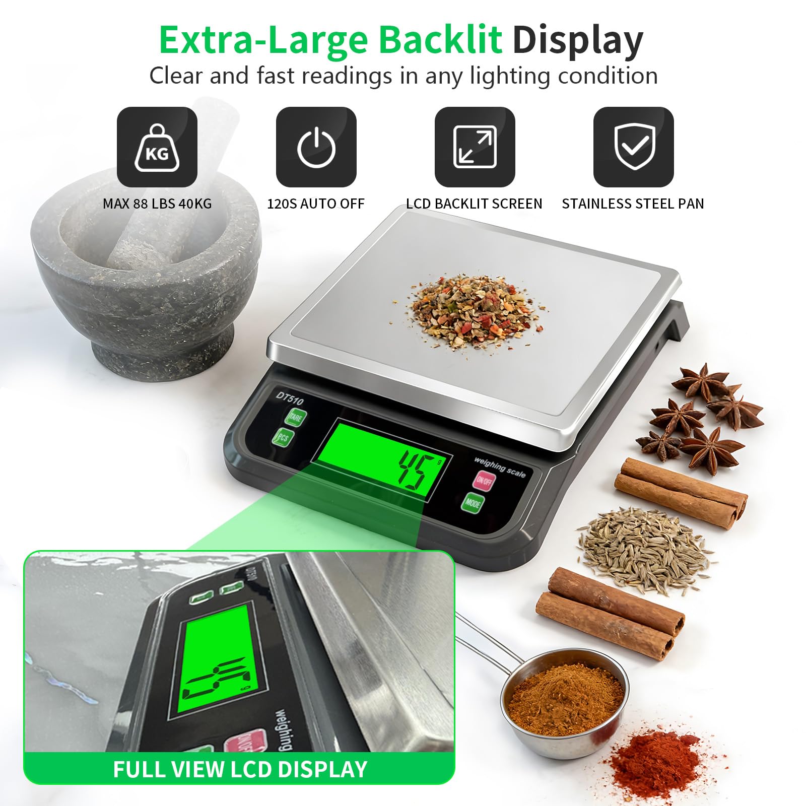 Large Digital Kitchen Scale40kg Stainless Stee with 6 Unit Tare PCS Funtion