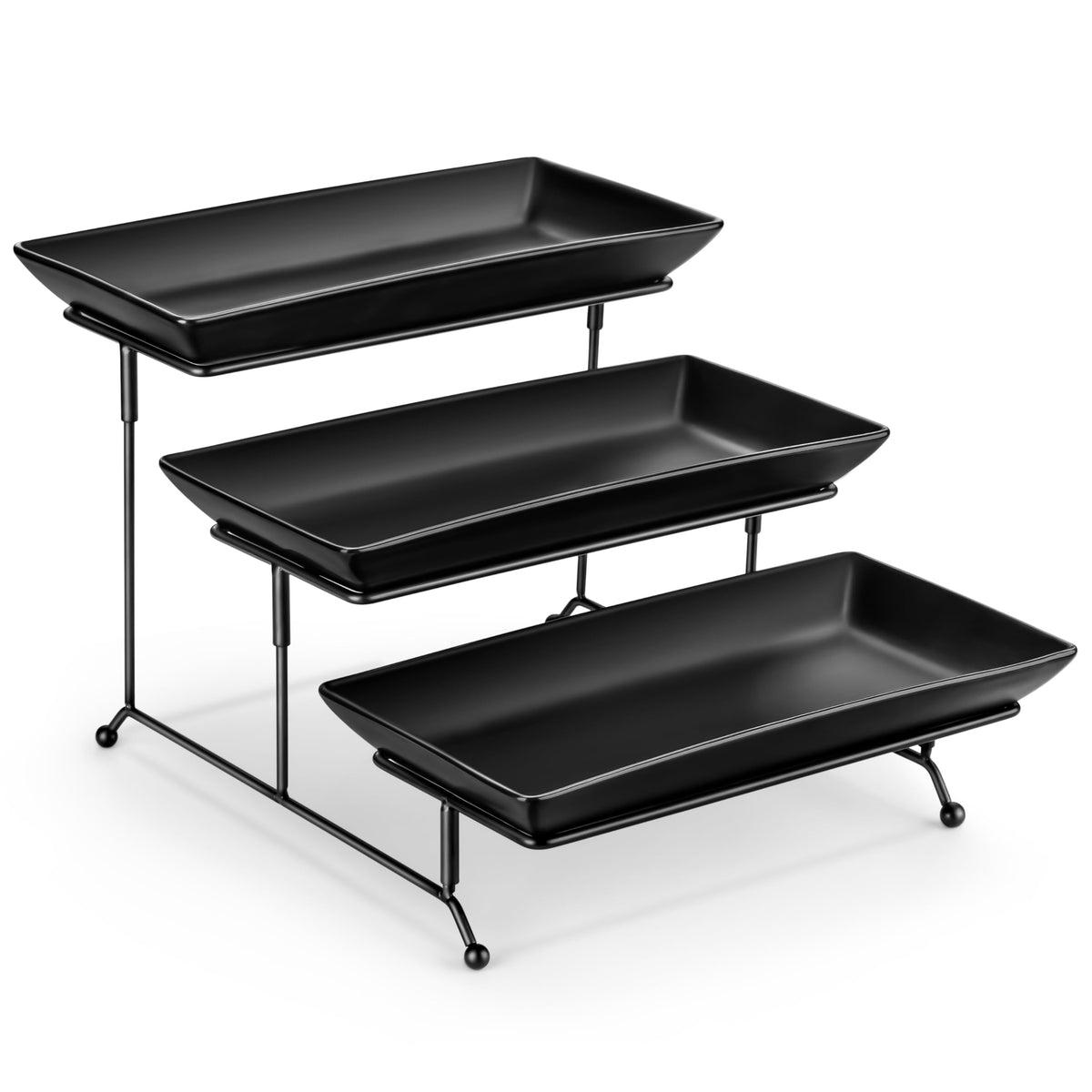 MALACASA 3 Tier Serving Trays for Party, 12 Inch Porcelain White Trays for Serving Food, Dessert Stand with Collapsible Gold Metal Rack