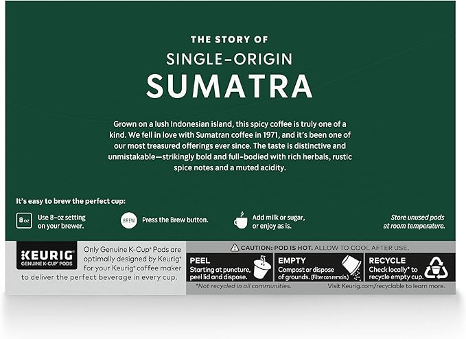 Starbucks K-Cup Coffee Pods, Dark Roast Coffee, Sumatra for Keurig Brewers, 100% Arabica, 6 boxes (60 pods total)