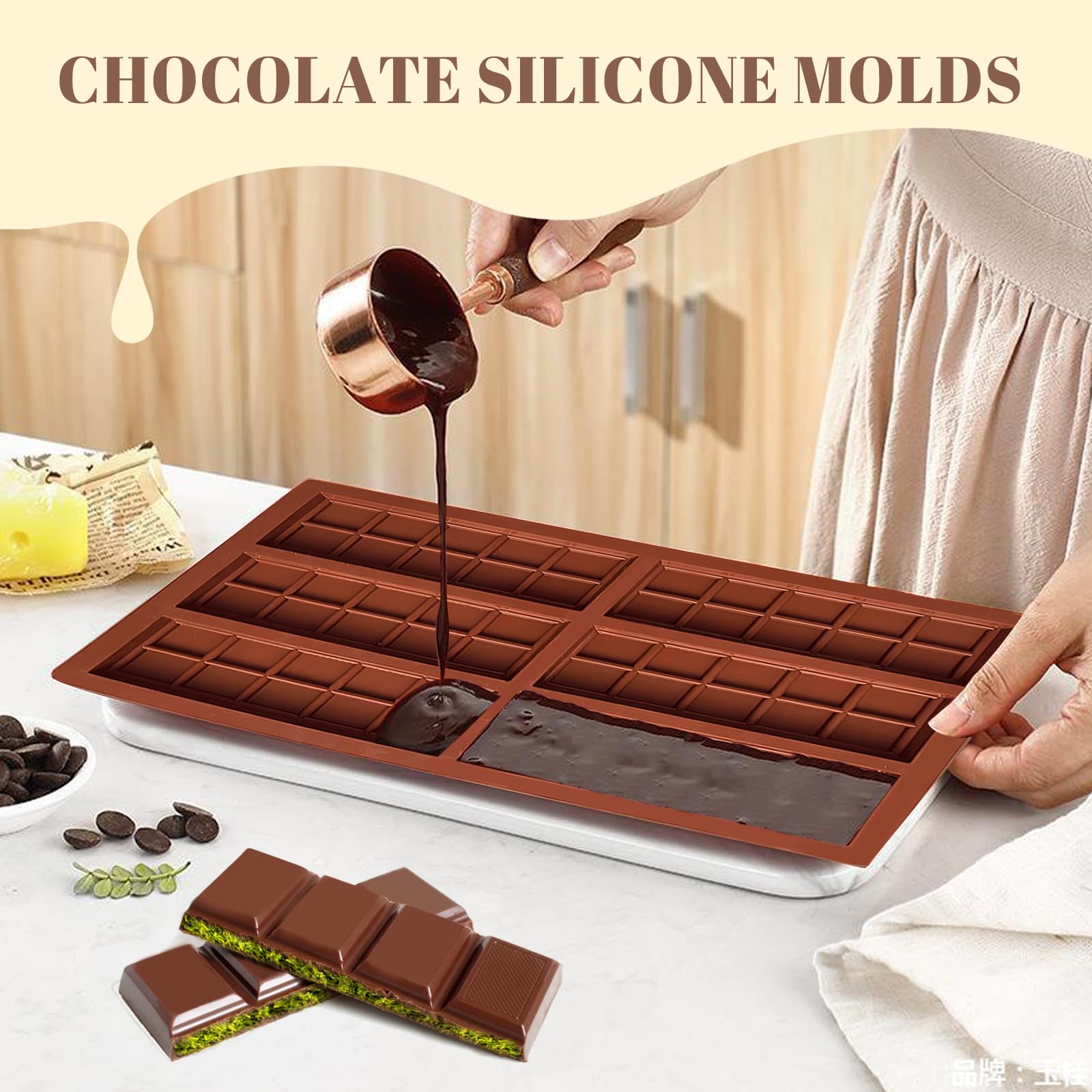 Zivcaer 2 Pack Chocolate Bar Mold Deep for Stuffed Bar, Non-Stick Thick Chocolate Molds, Silicone Chocolate Candy Molds for Knafeh Pistachio Chocolate Bar, Candy, DIY Handmade Gifts (5 Snap+10 Snap)