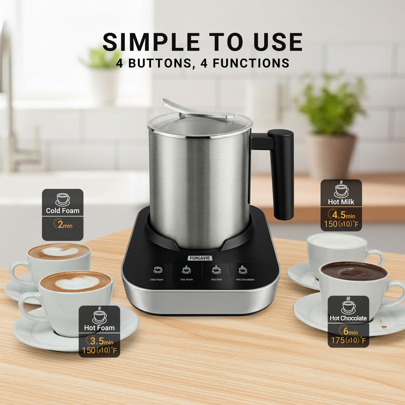 FUNLAVIE 4-in-1 Electric Milk Frother and Steamer with Auto Shut-Off