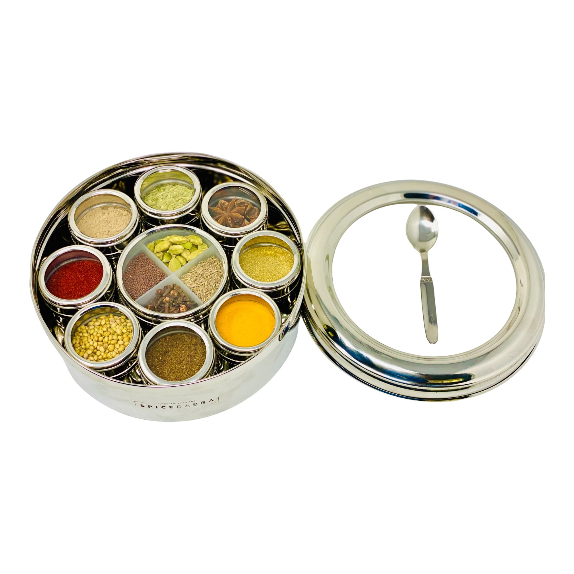spice dabba Stainless Steel Indian Spice Box, Steel Masala Dabba 12 Spices, Lid Spice Box, Authentic Spices, Masala Box with Individual containers | Size 9 x 9 x 3 IN (Indian Spice Box Only)
