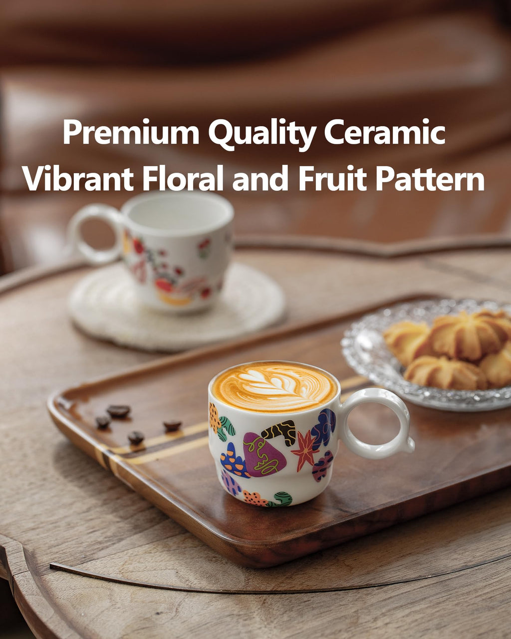 BOILMERIT Ceramic Espresso Cups Set of 2 – Mini 3 oz Double Espresso Coffee Cups Small Espresso Shot Cups with Cute Q Handle, Gift for Coffee Lovers, Floral and fruit Patterns-White