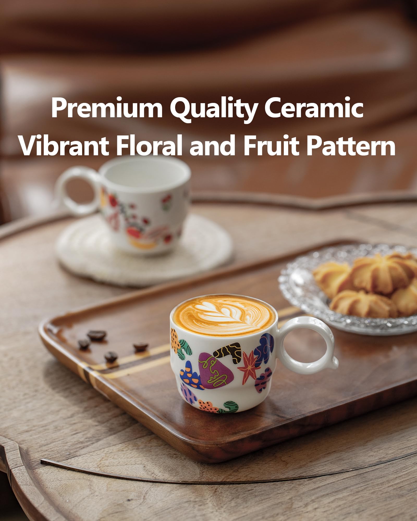 BOILMERIT Ceramic Espresso Cups Set of 2 – Mini 3 oz Double Espresso Coffee Cups Small Espresso Shot Cups with Cute Q Handle, Gift for Coffee Lovers, Floral and fruit Patterns-White