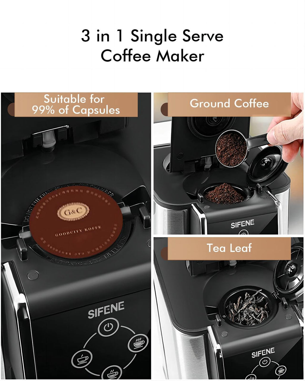 SIFENE Quick Brew Single Serve Coffee Maker, Versatile 3-in-1 Design for Coffee Pods, Ground Coffee, & Loose Tea, Adjustable 6-12oz Cup Sizes, Large 50oz Removable Water Tank, 1150W, Compact, Black