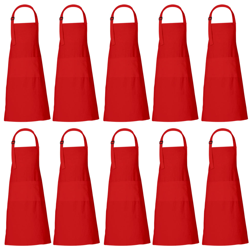 RAJRANG Bulk Apron Women Men with Pockets Cotton Kitchen Cooking Chef Aprons Red 35x27 Inches Set of 10