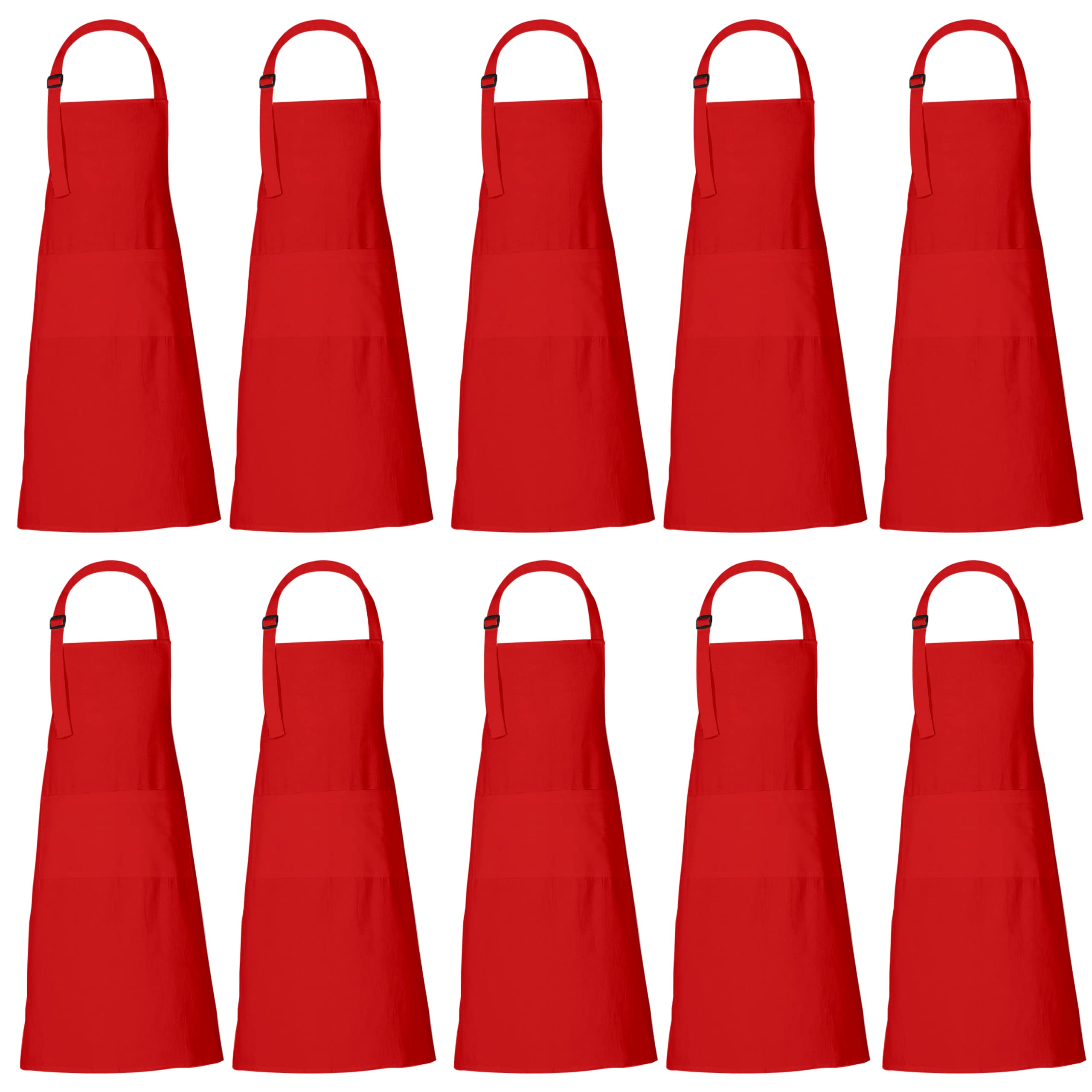 RAJRANG Bulk Apron Women Men with Pockets Cotton Kitchen Cooking Chef Aprons Red 35x27 Inches Set of 10