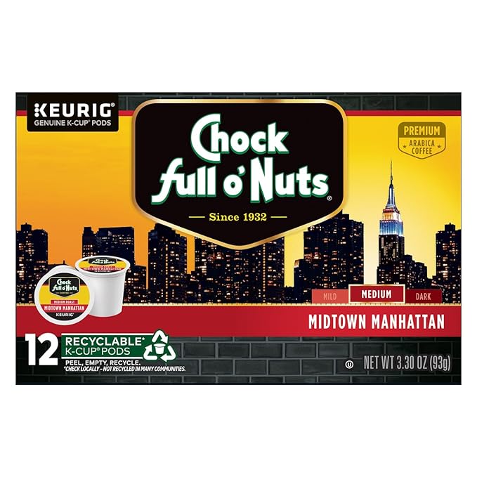 Chock Full o'Nuts Midtown Manhattan Coffee, Compatible with K-Cup Pods, 12 CT (Pack of 3)