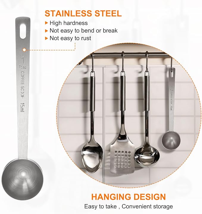 HARFINGTON 2pcs Coffee Scoop Spoon 1tbsp (3tsp, 15ml) 304 Stainless Steel Long Handle Teaspoon/Tablespoon Measuring Spoons Scoops for Tea Sugar Kitchen, Silver