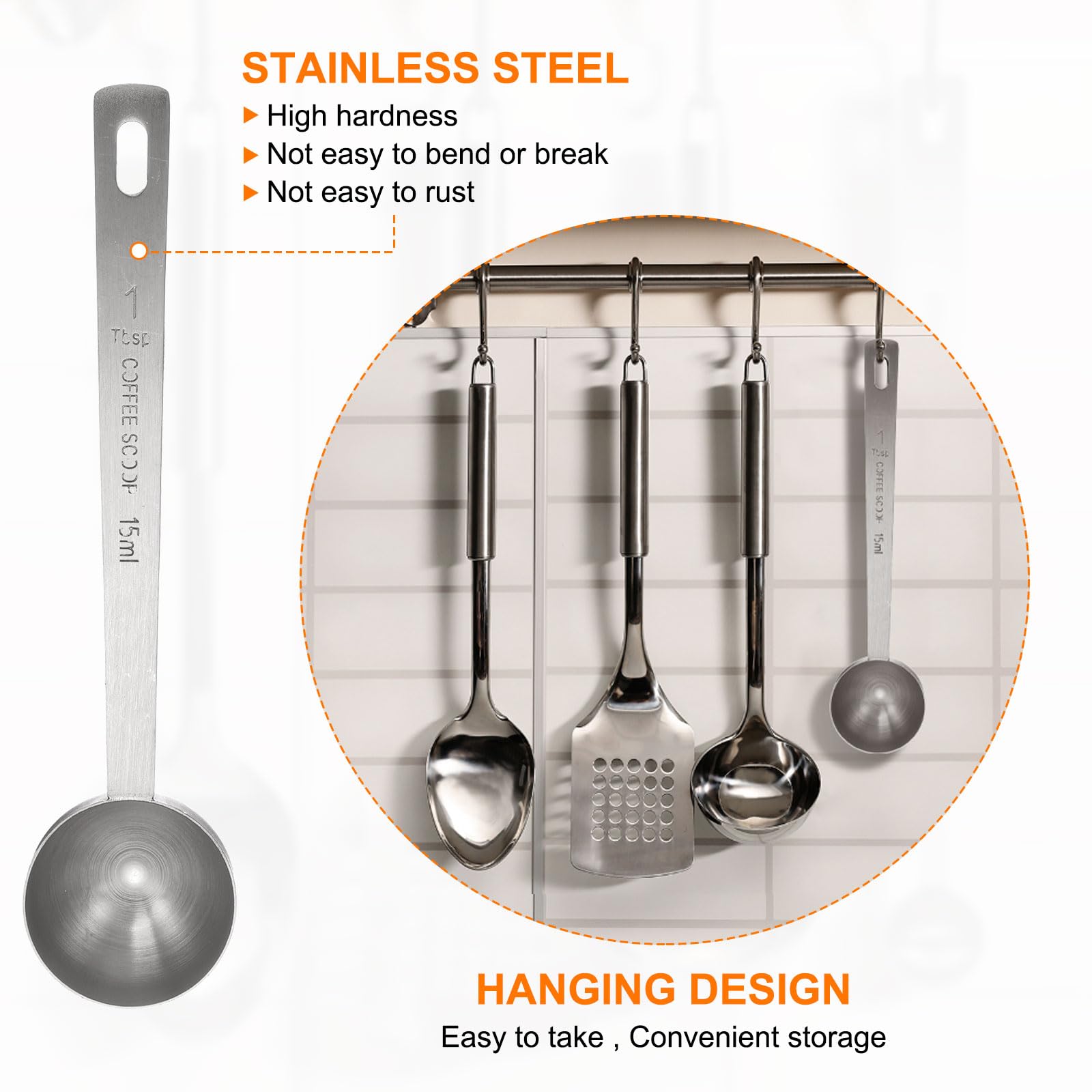 HARFINGTON 3pcs Coffee Scoop Spoon 1tbsp (3tsp, 15ml) 304 Stainless Steel Long Handle Teaspoon/Tablespoon Measuring Spoons Scoops for Tea Sugar Kitchen, Silver