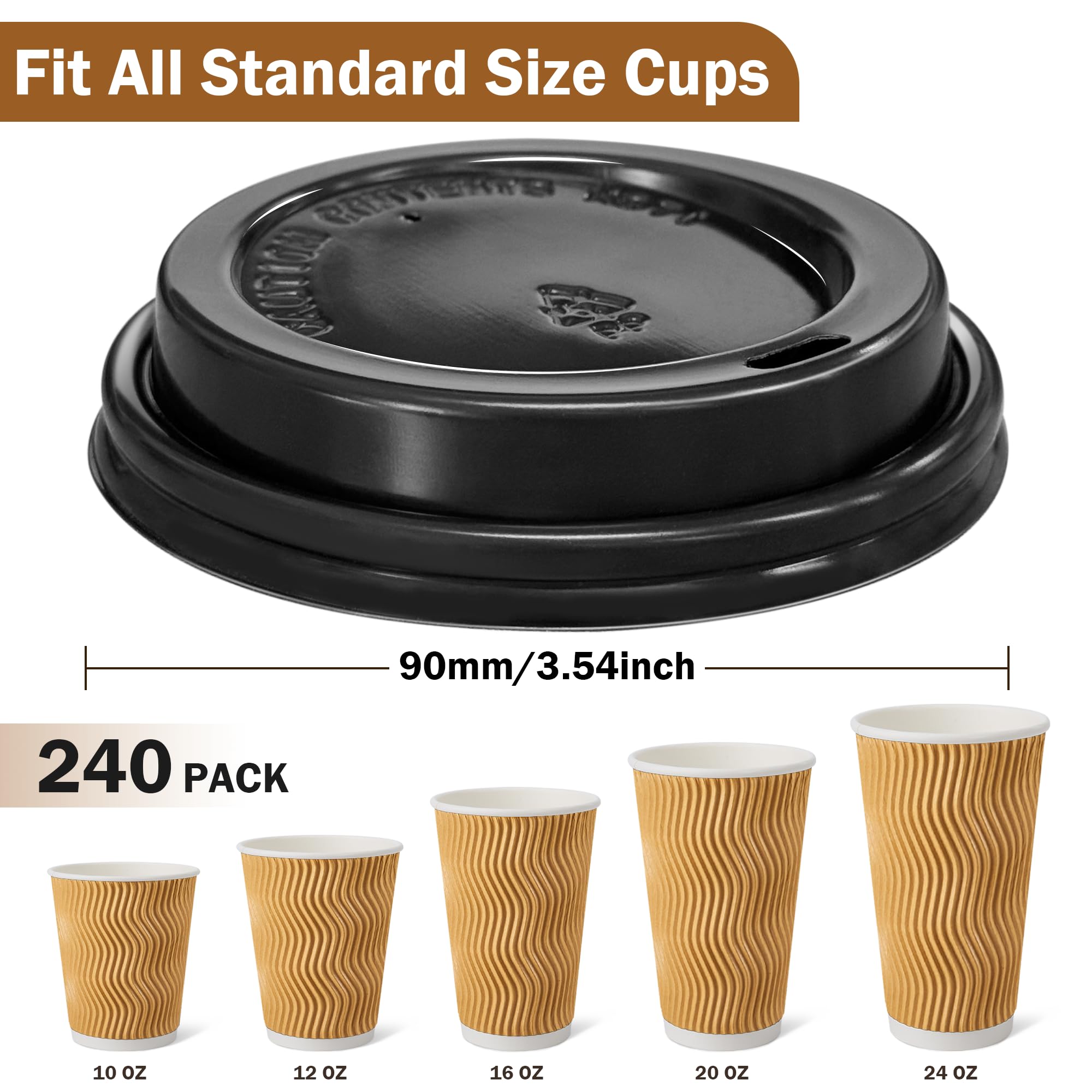 Clawsoff 240 Pack Disposable Coffee Cup lids, 3.54'' Leak-Proof Disposable Plastic Cup Lids for 10, 12, 16, 20oz Paper Cups, Hot/Cold Drinking Cup Lids, Black