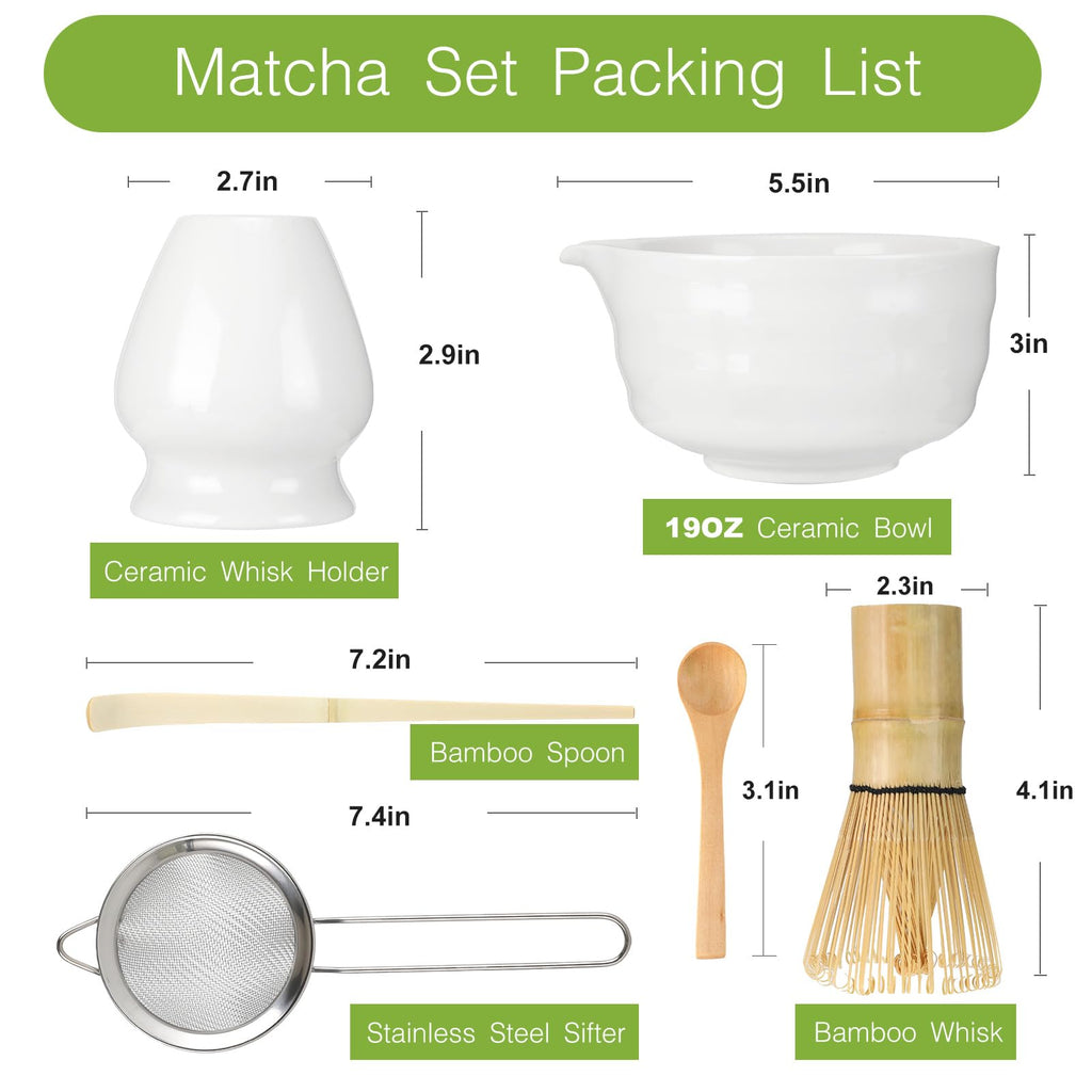 6 Pcs Matcha Set - Matcha Whisk Set & Matcha Bowl Set with Bamboo Scoop, Stainless Steel Sifter, 19 oz Ceramic Pouring Bowl, Matcha Spoon, Whisk Holder - Japanese Tea Ceremony Kit for Gifts (White)