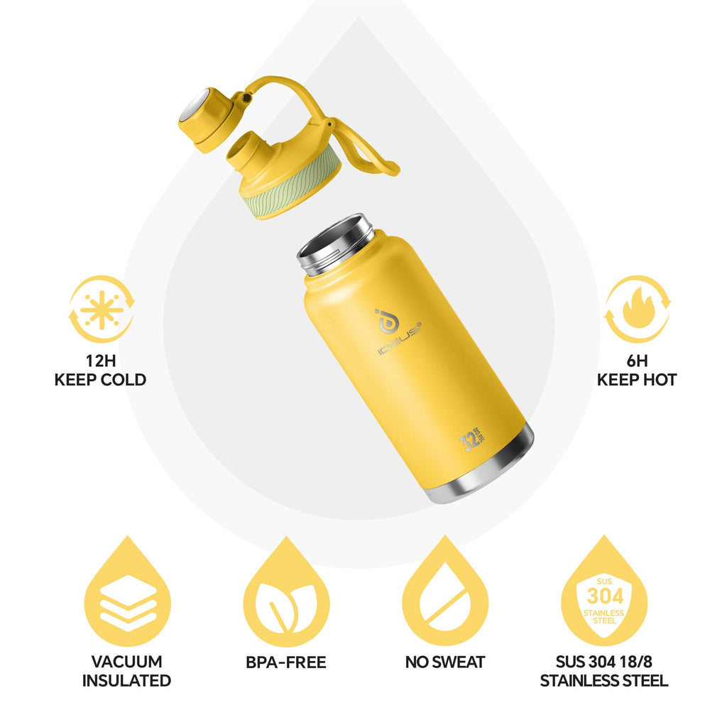 IDEUS 32oz Stainless Insulated Bottle with 2 Leak-Proof Lids, Bright Yellow