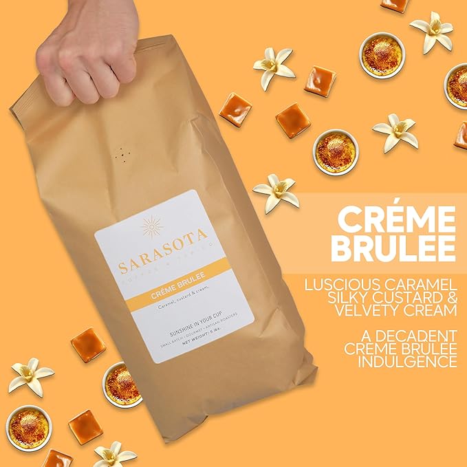 Sarasota Coffee Ground Creme Brulee | Medium Roast Gourmet Flavored Coffee Grounds | Low Acid, Mold Free, Specialty Grade Flavored Bulk Ground | 5lb (80 oz)