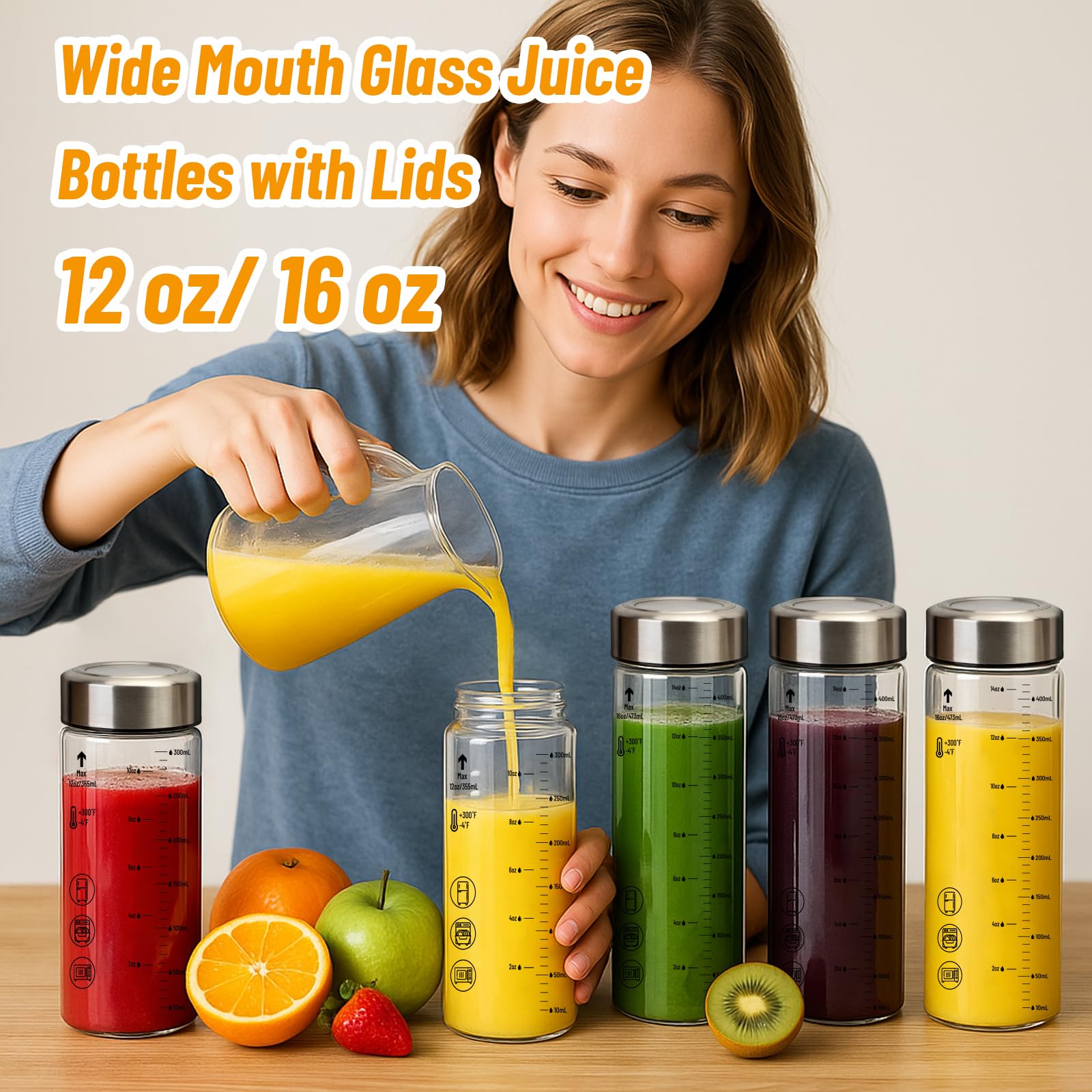 Luxfuel 12 oz Glass Juice Bottles with Lids, 4 Pack Wide Mouth Glass Bottle