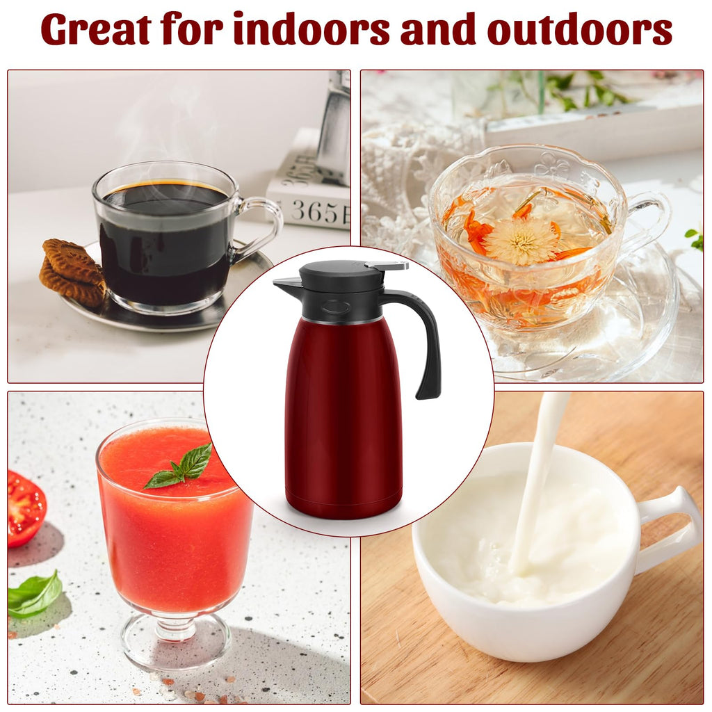 70oz Thermal Coffee Carafe, 2L Stainless Steel for Hot Drinks, Double Wall Vacuum Carafe for Hot Liquids Large Tea for Home School Office Burgundy