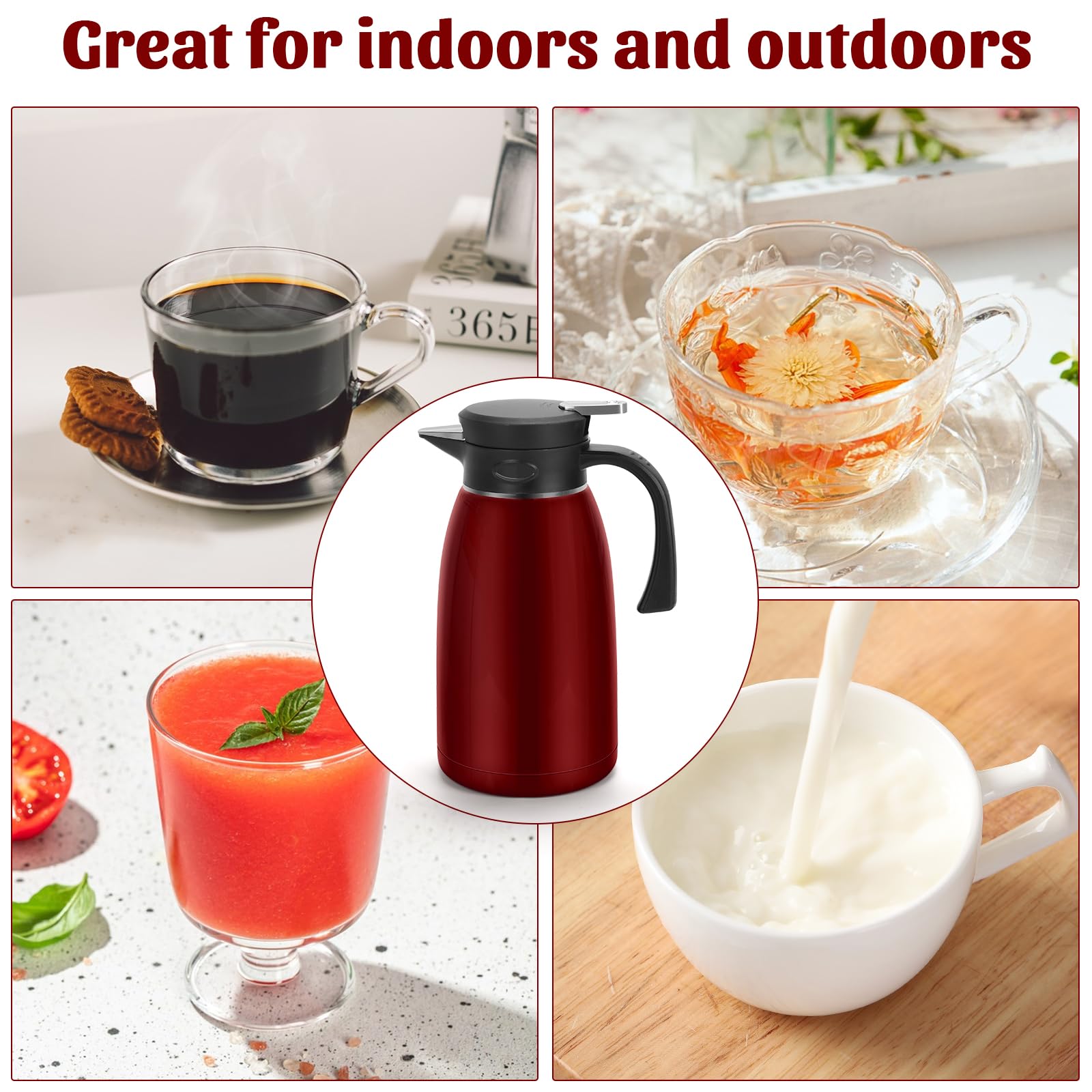 70oz Thermal Coffee Carafe, 2L Stainless Steel for Hot Drinks, Double Wall Vacuum Carafe for Hot Liquids Large Tea for Home School Office Burgundy